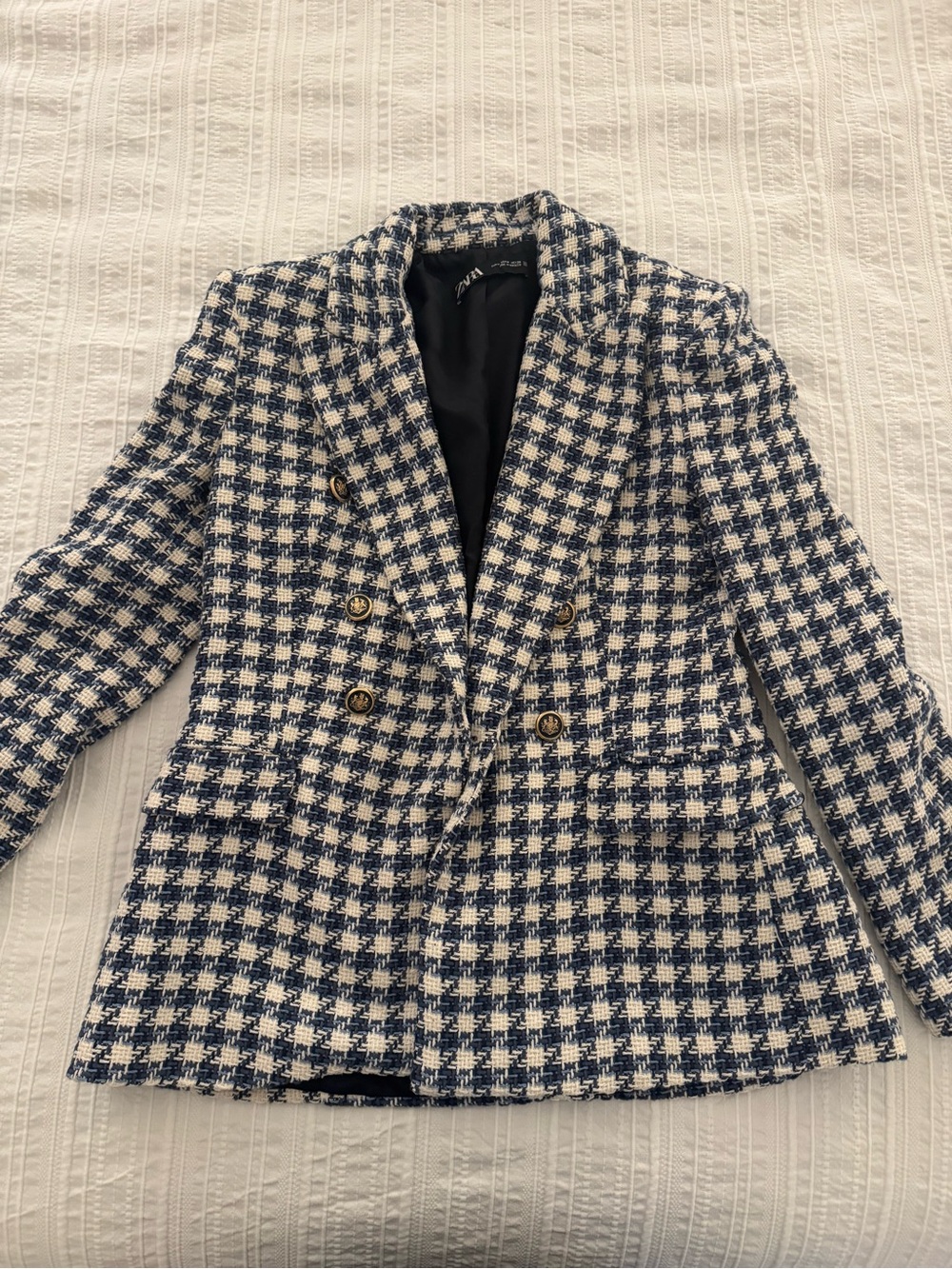 Navy & White Houndstooth Double-Breasted Blazer
